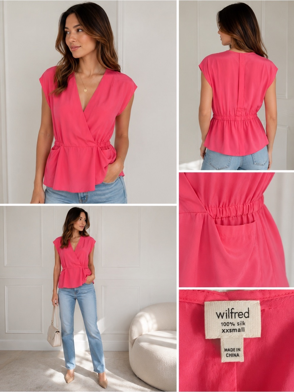 Wilfred Aritzia 100% Silk Wrap Peplum Blouse XXS Pink Pocket Top